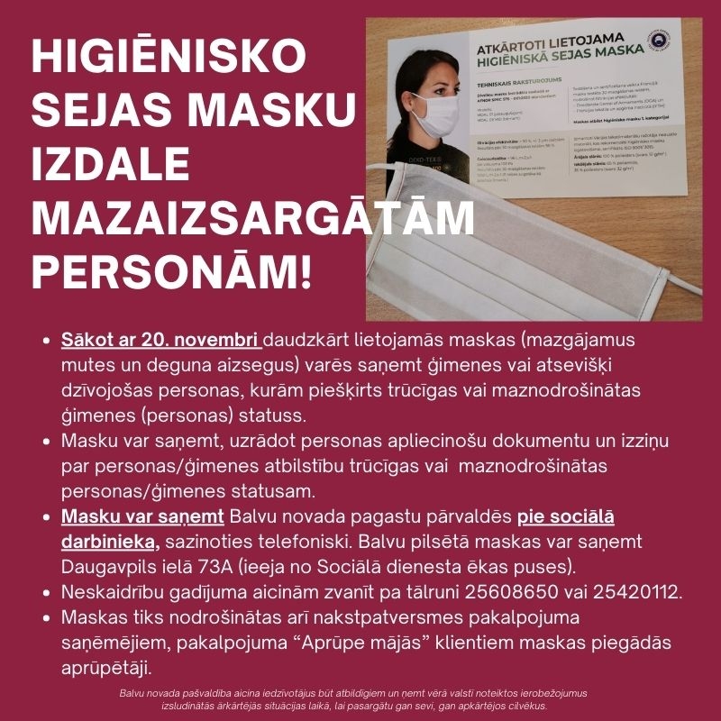 No 20. novembra mazaizsargātās personas varēs saņemt bezmaksas higiēniskās sejas maskas