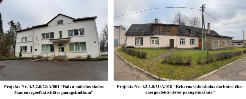 Balvu novada pašvaldība ir uzsākusi projektu Nr. 4.2.2.0/21/A/018 “Rekavas vidusskolas darbnīcu ēkas energoefektivitātes paaugstināšana” un  Nr. 4.2.2.0/22/A/001 “Balvu mākslas skolas ēkas energoefektivitātes paaugstināšana”.  Projektā Nr. 4.2.2.0/21/A/018 “Rekavas vidusskolas darbnīcu ēkas energoefektivitātes paaugstināšana” ir plānots veiks sekojošus būvdarbus: ēkas pamatu un cokola siltināšanu, jumta nomaiņu un siltināšanu, ēkas siltināšanas darbus, logu un ārdurvju nomaiņu, bēniņu siltināšanu, iekšējās 