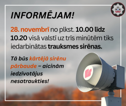 VUGD 28. novembrī veiks trauksmes sirēnu pārbaudi 