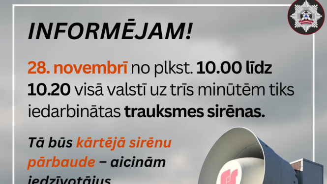 VUGD 28. novembrī veiks trauksmes sirēnu pārbaudi 
