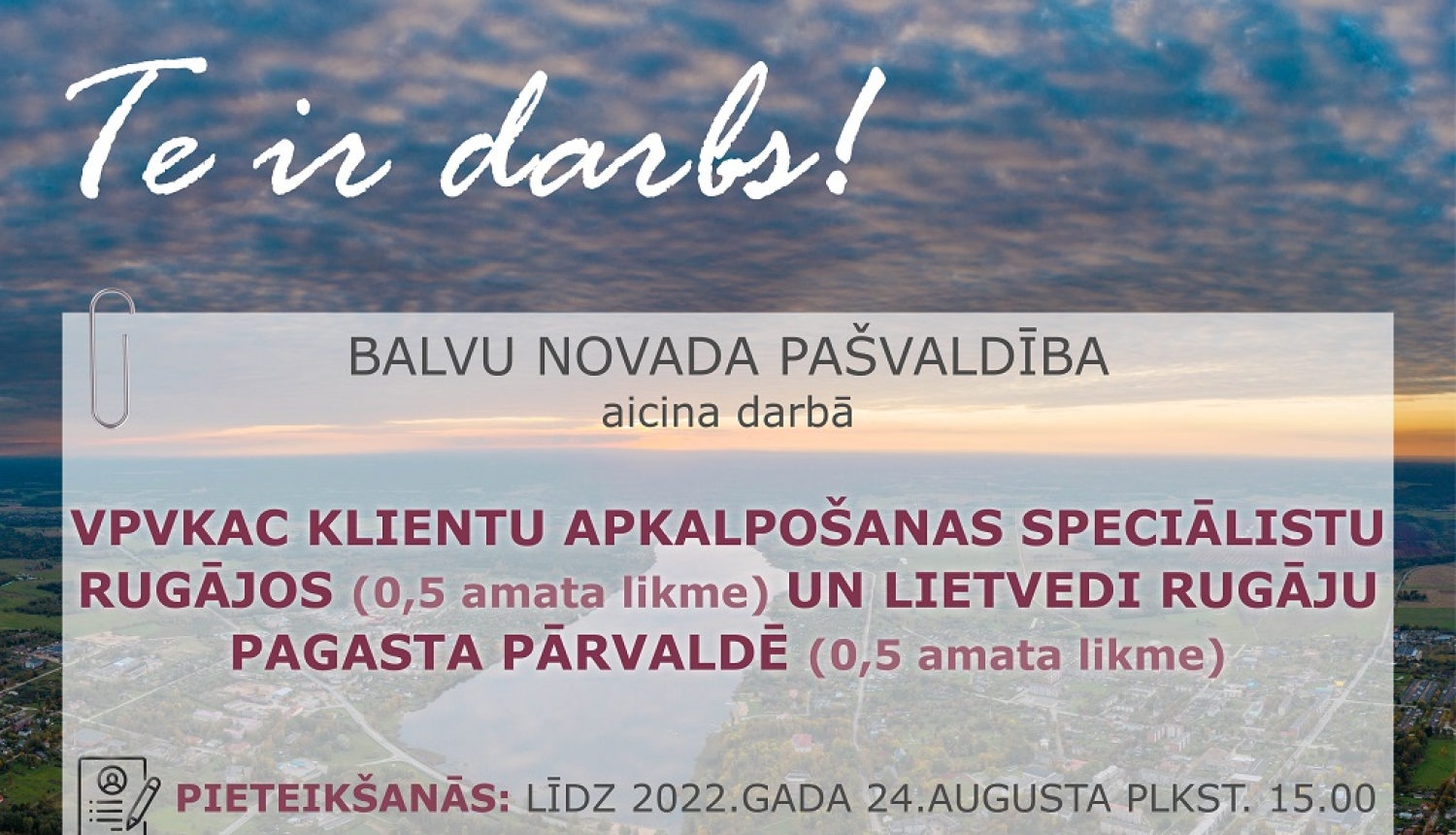 Aicina darbā klientu apkalpošanas speciālistu Rugājos (0,5 amata likme) un lietvedi Rugāju pagasta pārvaldē (0,5 amata likme)