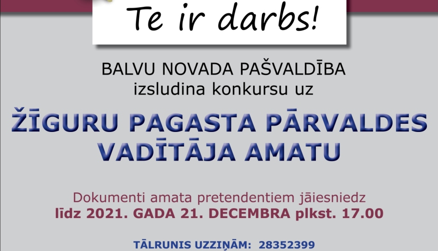 BALVU NOVADA PAŠVALDĪBA, Reģ.Nr.90009115622, izsludina konkursu uz Žīguru pagasta pārvaldes vadītāja amatu uz nenoteiktu laiku (profesijas kods 1112 36)