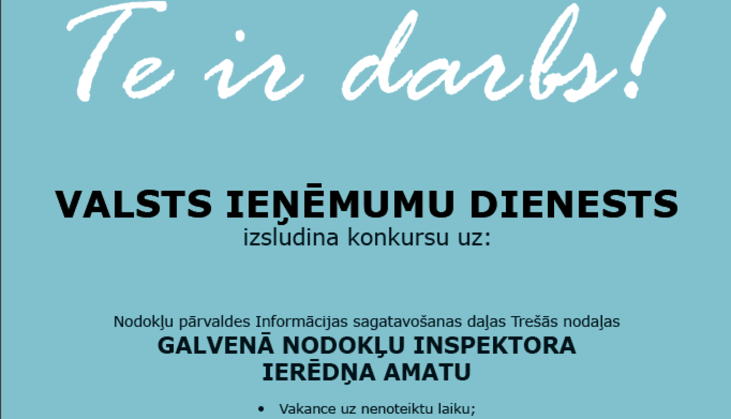 Valsts ieņēmumu dienests izsludina darba vakances