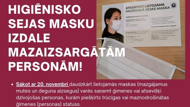 No 20. novembra mazaizsargātās personas varēs saņemt bezmaksas higiēniskās sejas maskas