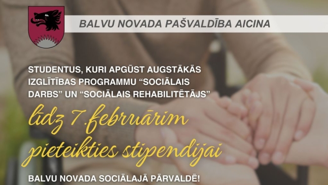Aicina pieteikties stipendijai sociālā darba speciālistu programmu studentus